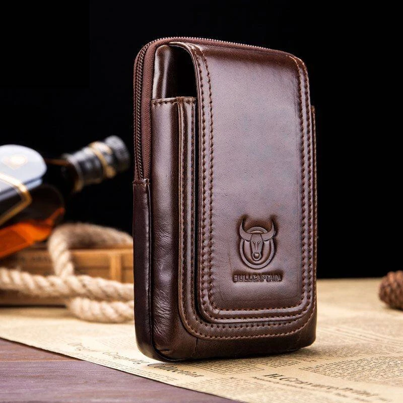 (image for) BULLCAPTAIN Men's Leather Belt Waist Bag Travel Small Fanny Pack Phone Pouch Multifunctional Male Waist Bag Leather Pouch