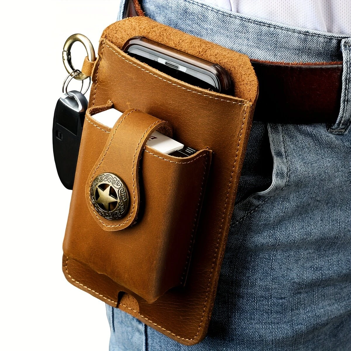 (image for) Ekphero Men's Vintage Genuine Leather Belt Bag, Multifunctional Waist Bag with Key Hook, Mobile Phone Bag For Work Outdoor Sports